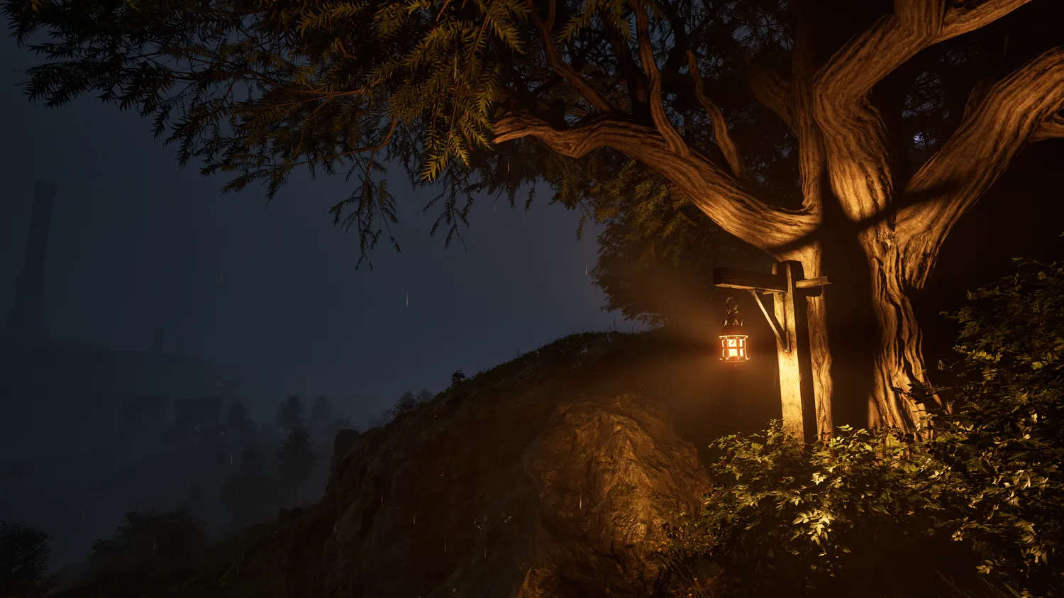 A lantern glowing on an old tree at night with a distant misty keep, from the Lumiere lighting mod for Oblivion Remastered