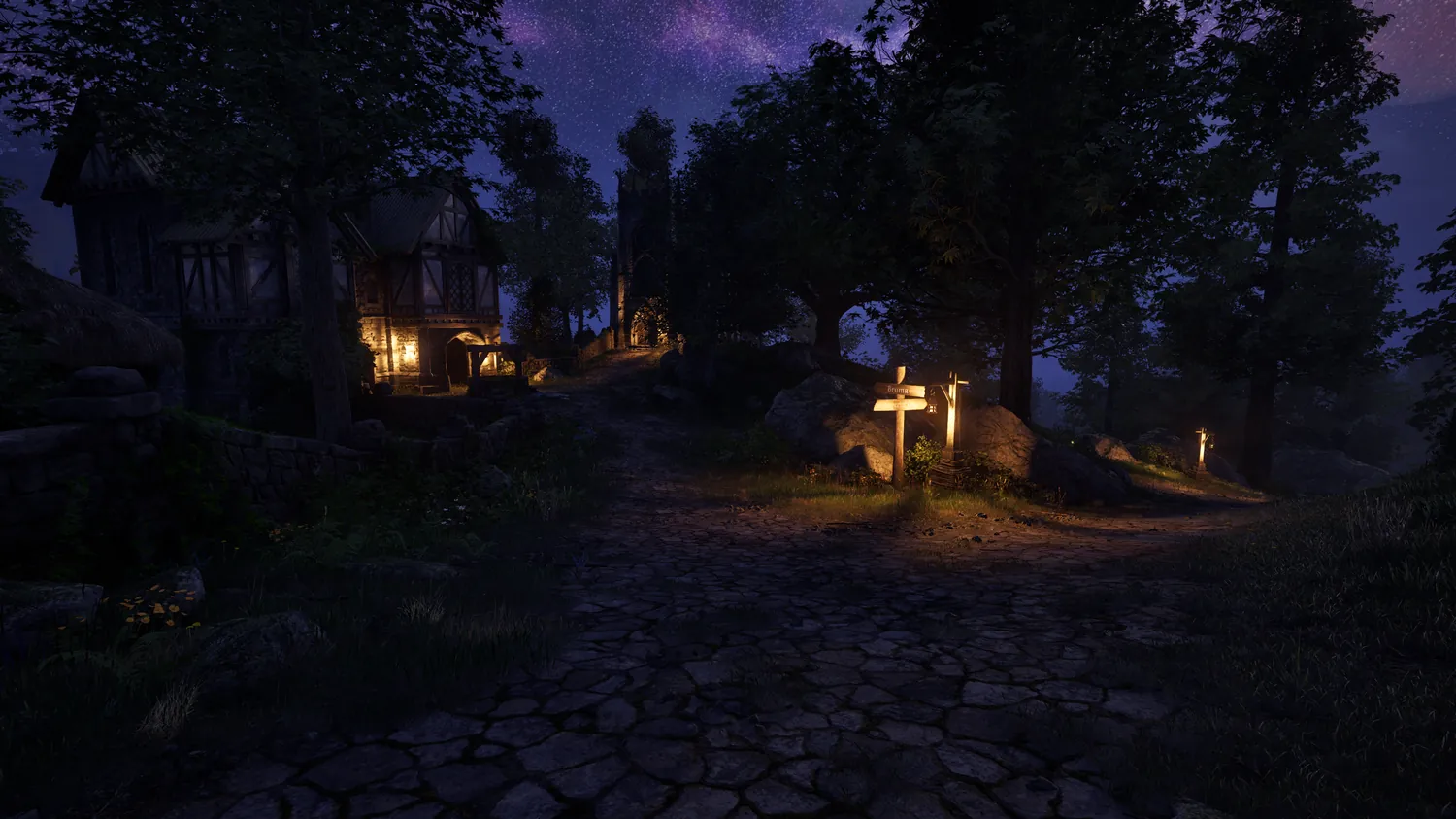 A village crossroads under the Milky Way at night with lit windows and a signpost, from the Lumiere lighting mod for Oblivion Remastered