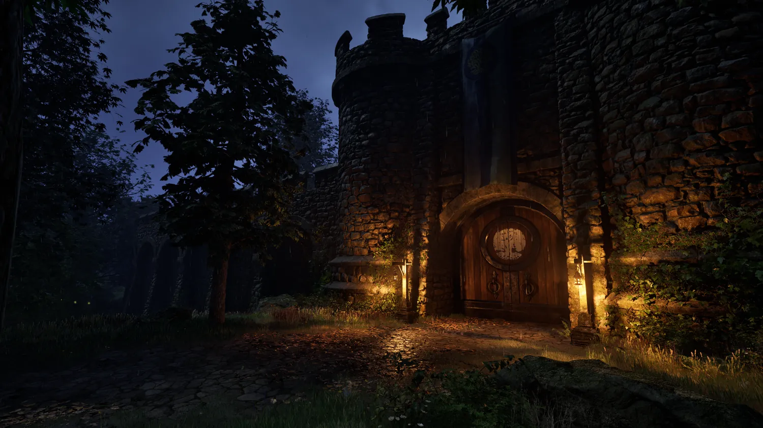 A torch-lit castle gate at night, from the Lumiere lighting mod for Oblivion Remastered